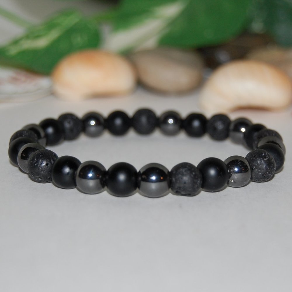 Triple Stone Beads Bracelet,Onyx,Lava,Magnetic,Triple energy Bracelet,Men,Women